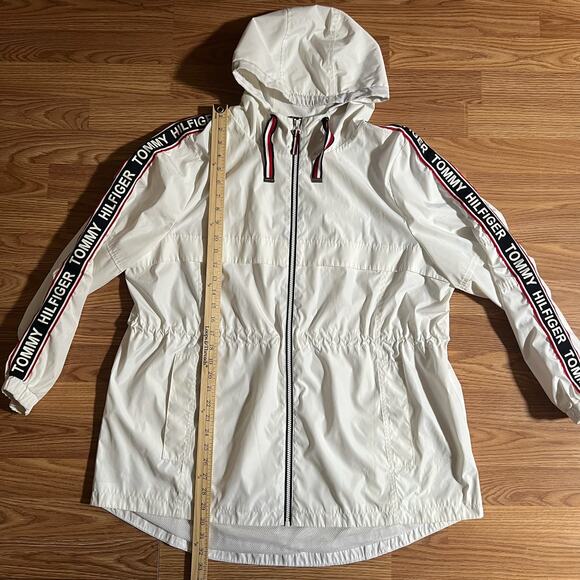 Tommy Hilfiger White Hooded Rain Jacket XL | Logo Sleeve Preppy Windbreaker Coat - Picture 3 of 11